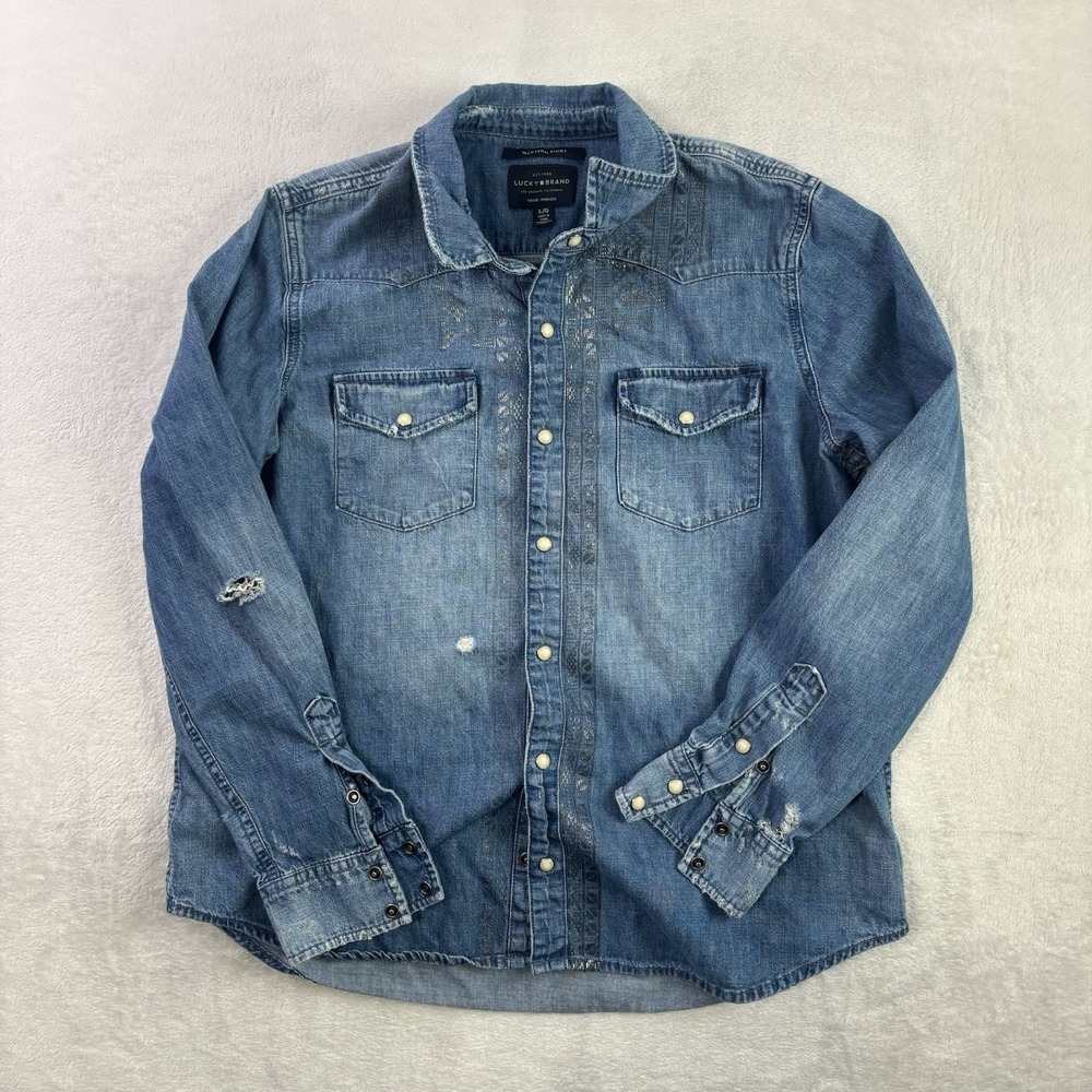 Lucky Brand Western True Indigo Pearl Snap Collared Shirt Women's LG
